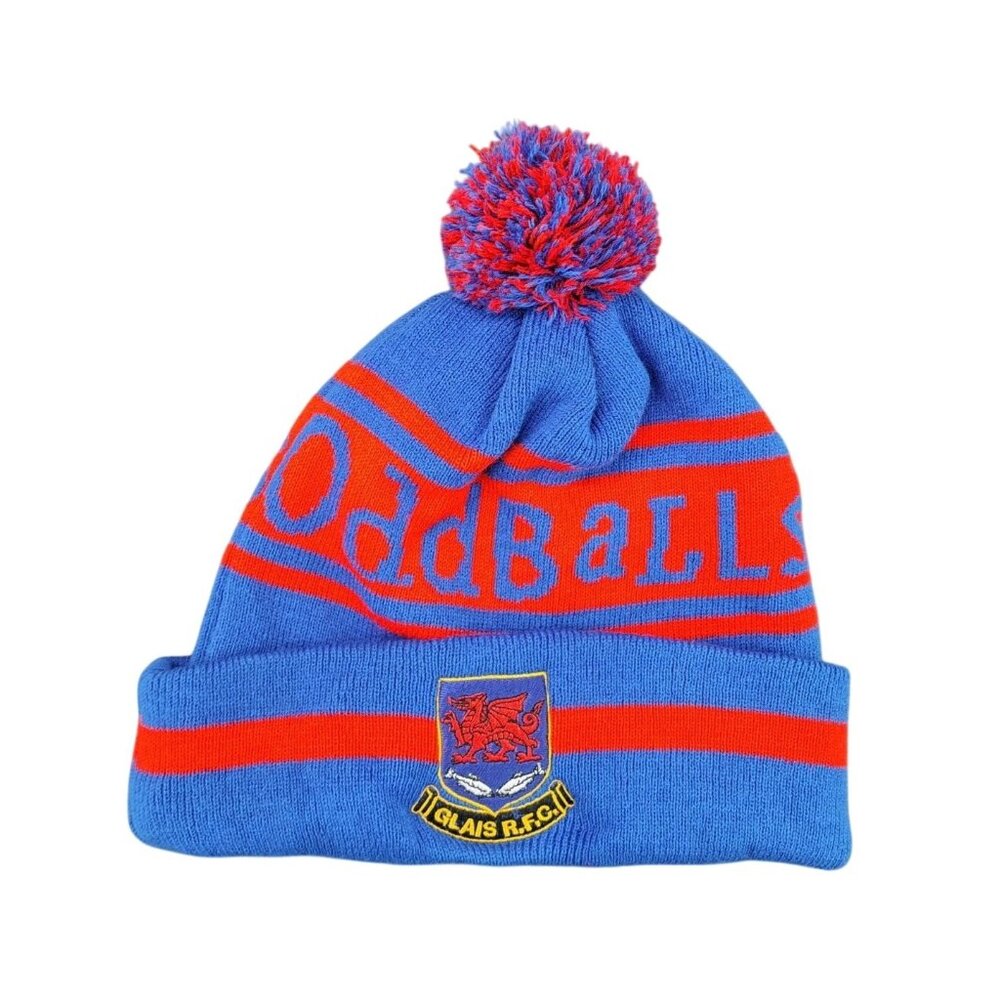 Oddballs Glais R.F.C. Blue Red Beanie Hat Stocking Cap Rugby Football Wales Pom